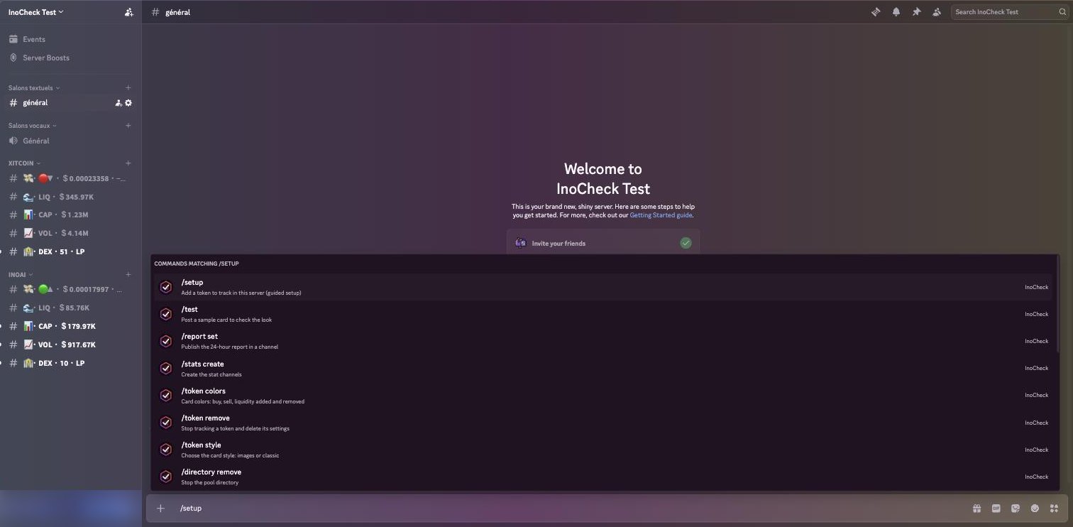 Discord command list showing /setup, /test, /report, /stats and /token commands