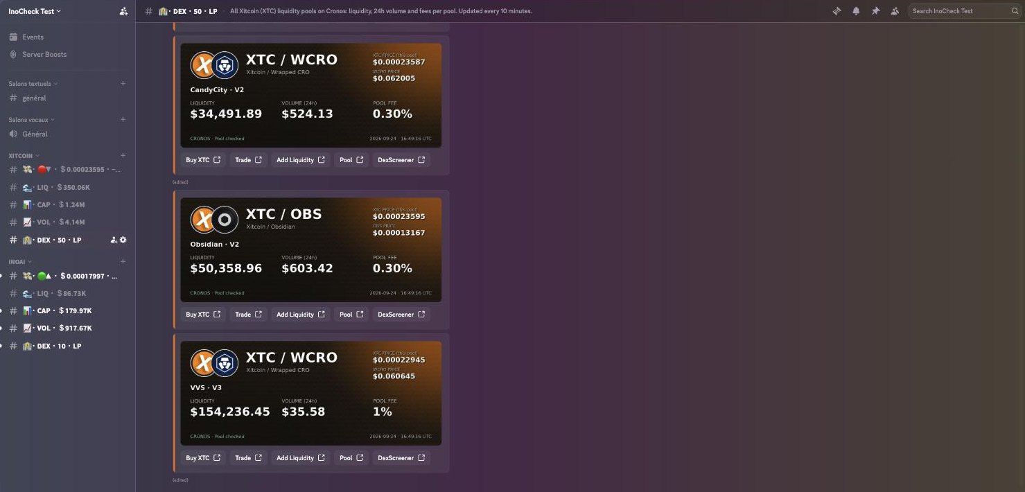 The DEX channel: framed pool cards with Buy, Trade, Add Liquidity, Pool and DexScreener buttons